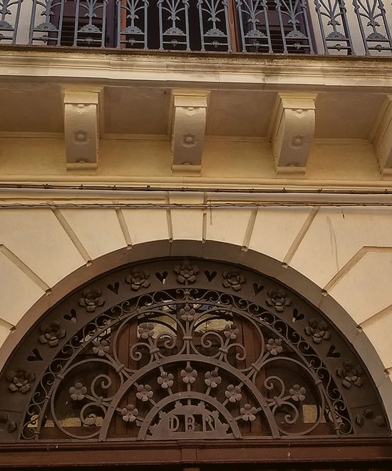 Main entrance to the wine and olive oil production area, showing the initials of the original owner - DBR, De Benedetto Rocco